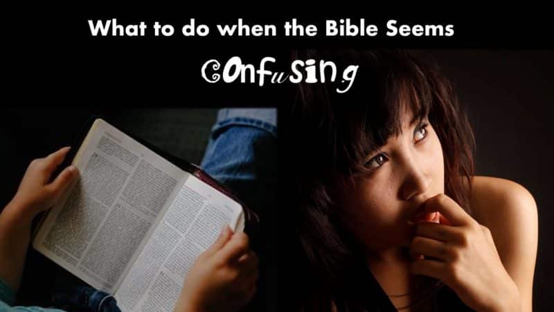 open bible and lady with a questioning face