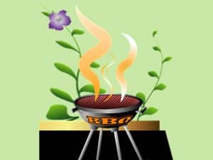 illustration of aroma coming from a barbeque grill with flowers in background