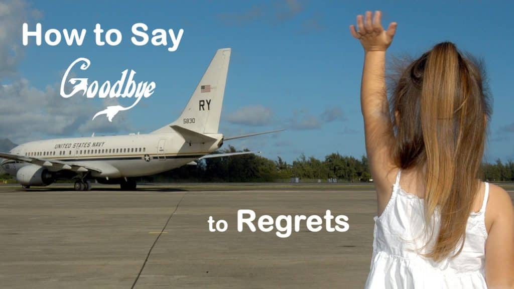 young girl waving goodbye to departing airplane signifying saying goodbye to regrets