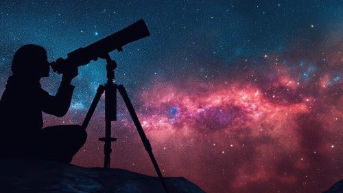woman looking at milky way with telescope